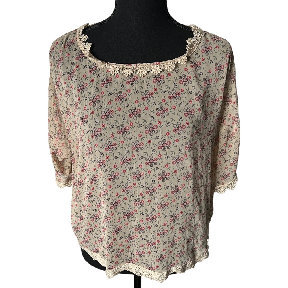Free People Tan Floral Semi Sheer Crochet Trim Bohemian Cottagecore Blouse XS